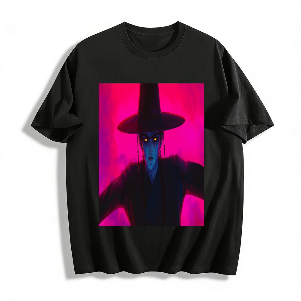 Dark Chinese Style Martial Arts Character Print T-Shirt Cool Color Block Unisex Casual Top Pure cotton T-shirt