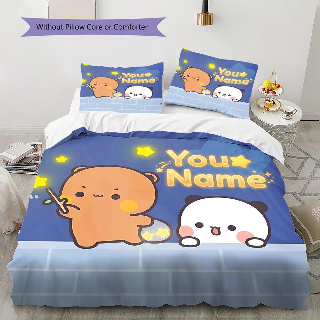 Bear Panda Night Custom Name Pattern Bedding Quilt Set Quilt Cover Pillowcase Home Birthday Gift(1 * Duvet Cover + 2 * Pillowcase, Without Core)