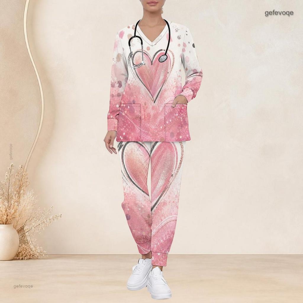 Women Plus Size V Neck Long Sleeve Scrub Set Cosmic Galaxy Golden Brushed Heart Print Nurse Uniform Set