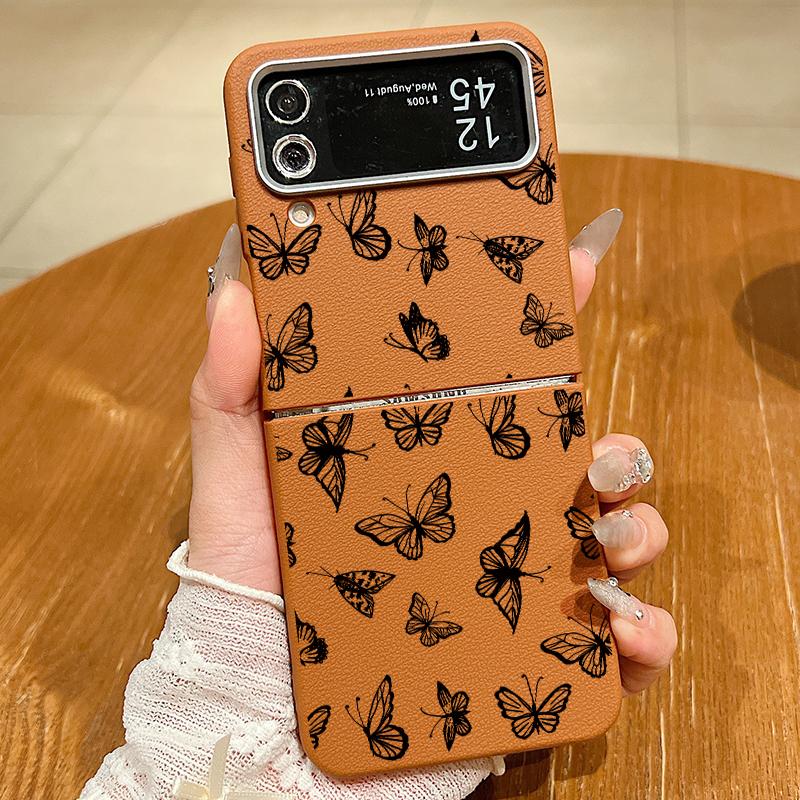 Butterfly Print Leather Texture TPU Magnetic Case For Magsafe For Samsung Galaxy Z Flip 6 5 4 3 Flip4 Flip5 Flip6 Folding Cover