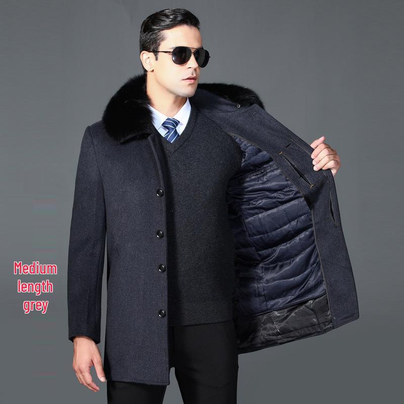 Men's Winter Wool Coat with Detachable Liner and Real Rabbit Fur Collar for Middle-Aged & Elderly