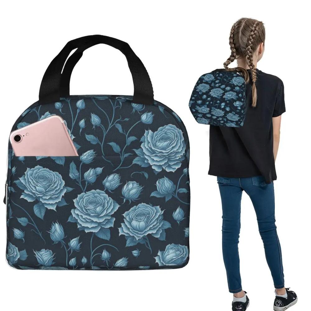 Vintage Blue Rose Pattern Insulated Lunch Bag for Women Kids Portable Food Boxes Thermal Lunch Box Tote