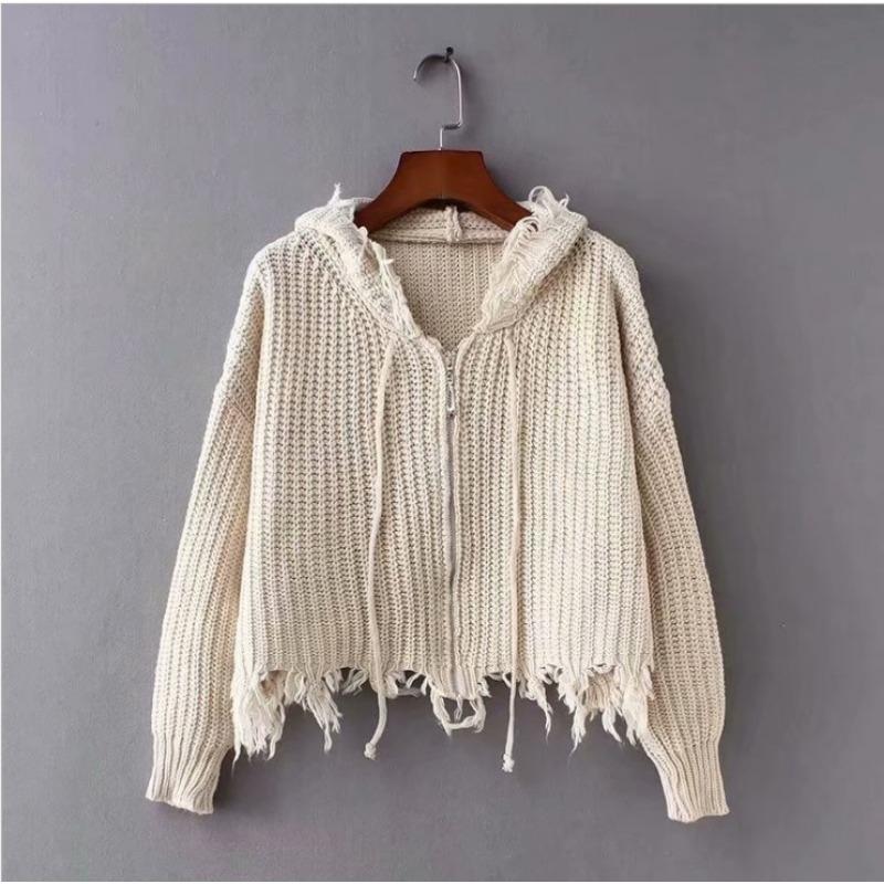 Women S Solid Color Hooded Knit Cardigan Zip Sweater Coat Loose V Neck Autumn Winter