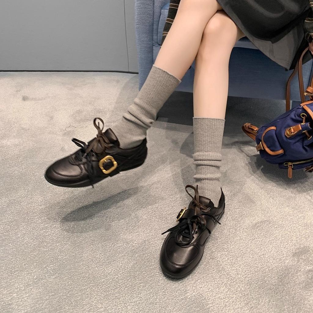 Retro Double Shoelaces, Belt Buckles, Soft Leather Round Head, Versatile German Training Shoes, Women's 2025 Autumn New British Style Small Leath