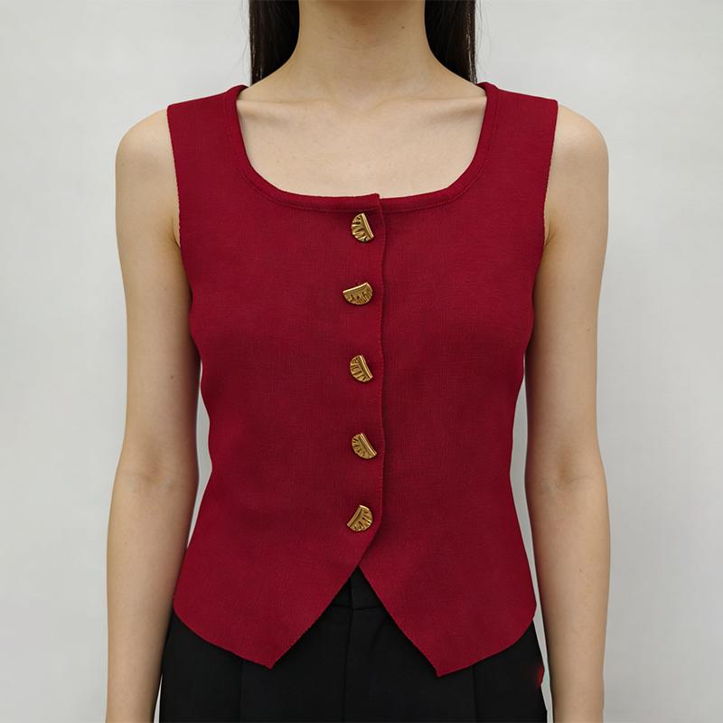 French Retro U-Neck Single-Breasted Sleeveless Slim Vest Solid Color Knitted Vest For Women