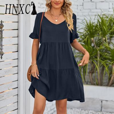 Abiti casual a vita alta con scollo a V a maniche corte con stampa tinta unita primavera estate moda donna