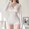 Lace Sweet Floral Jumpsuit Slim Fit Deep V Neck Long Sleeve Jumpsuit Women's Autumn and Winter Home Clothing Women's Pajamas