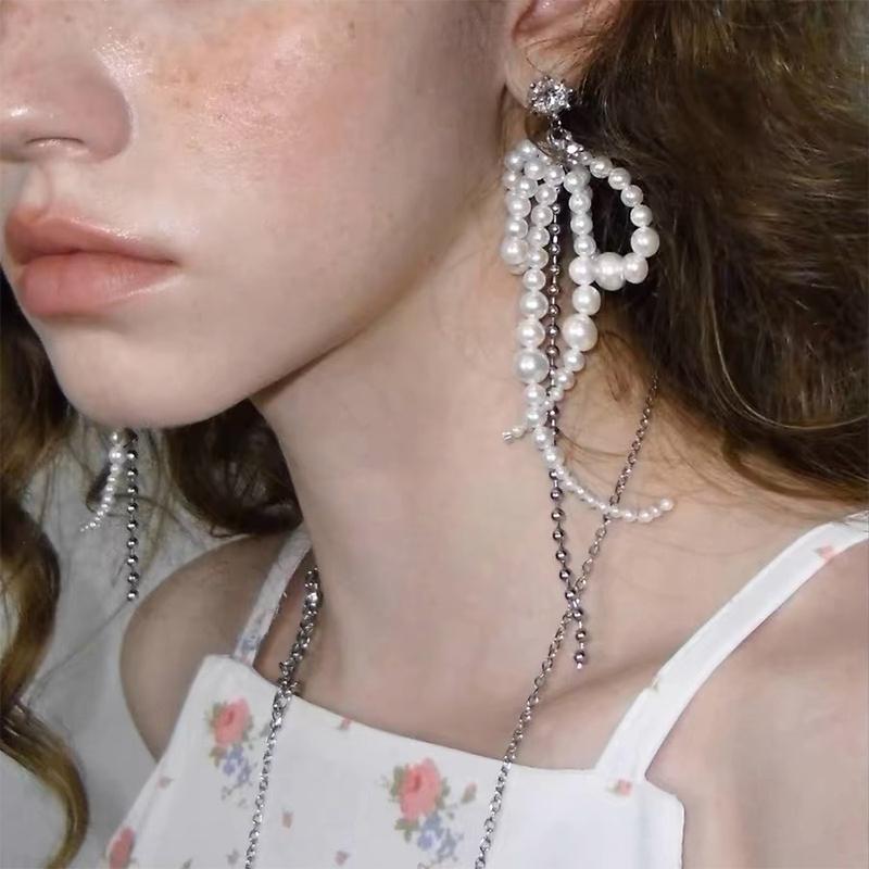 French Retro Pearl  Bow Tassel Dangle Earrings For Women  Elegant Tassel Jewelry Party Gifts