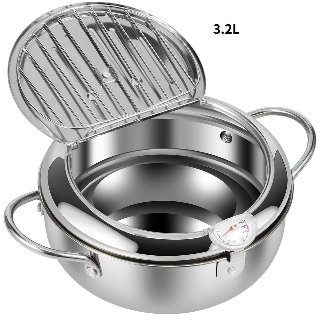 21/24/28 CM Deep Fryer Pot Stainless Steel Oil Pan with Strainer Basket and Thermometer Tempura Oil Fryer for Cooking Kitchen
