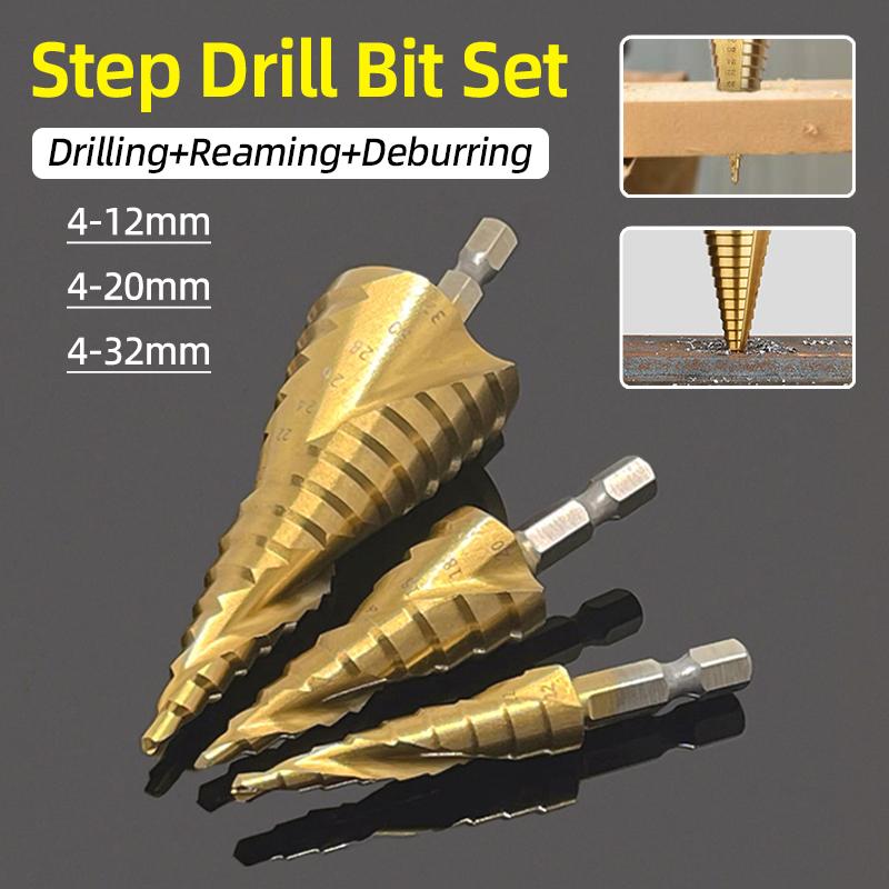 HSS Titanium Step Drill Bit Set For Metal Wood Punch Hole Cutter Conical Stage Stepped Drills Power Tools 3-12 4-12 4-20 4-32mm