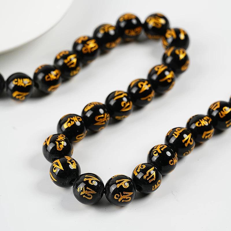 

DIY Agate Round Beads: Black & Red Six-Syllable Mantra Engraved Glass Loose Beads 8mm
