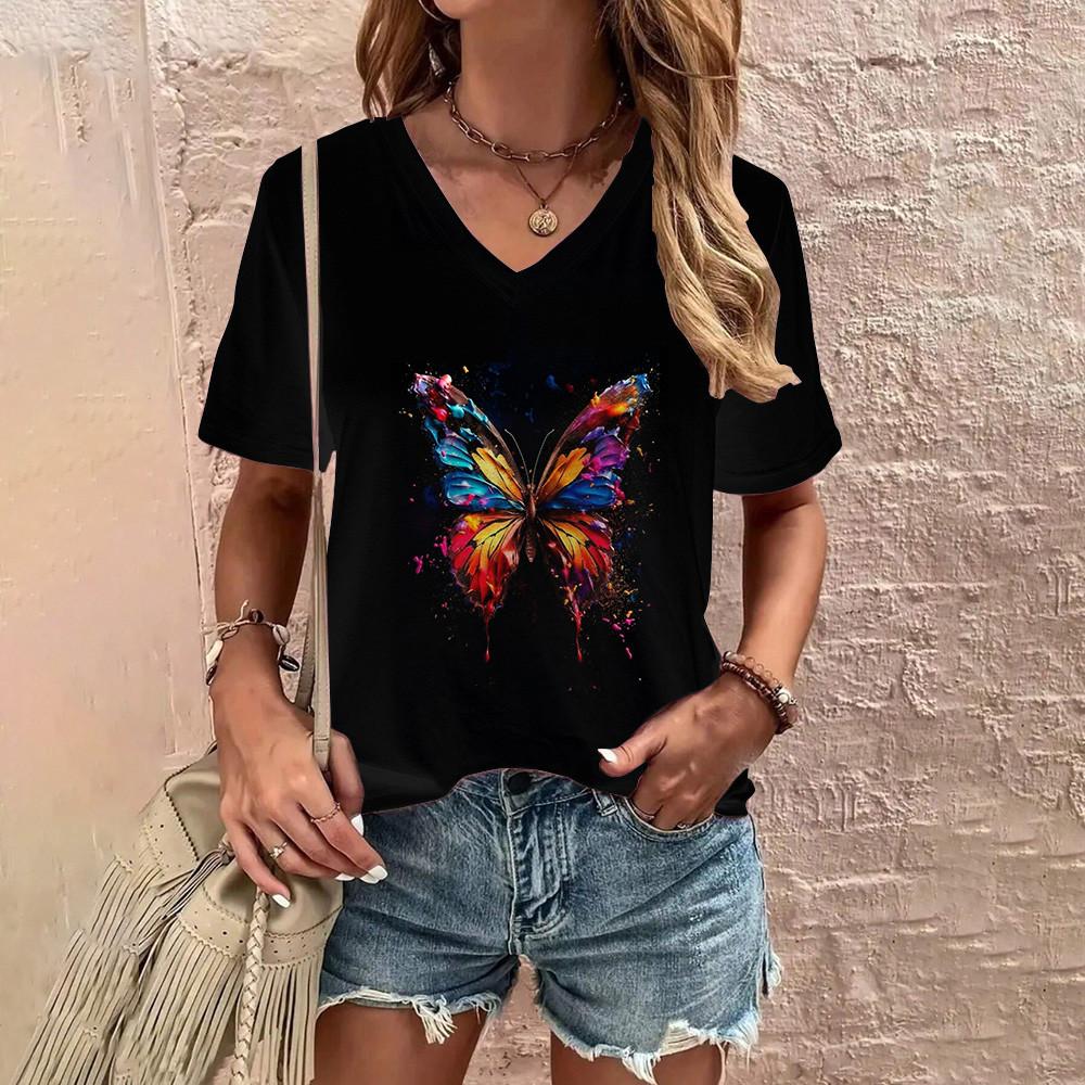 Daily Lightweight Women's V-neck Short Sleeved Top Fashionable And Comfortable Street Butterfly Pattern Printed Large T-shirt