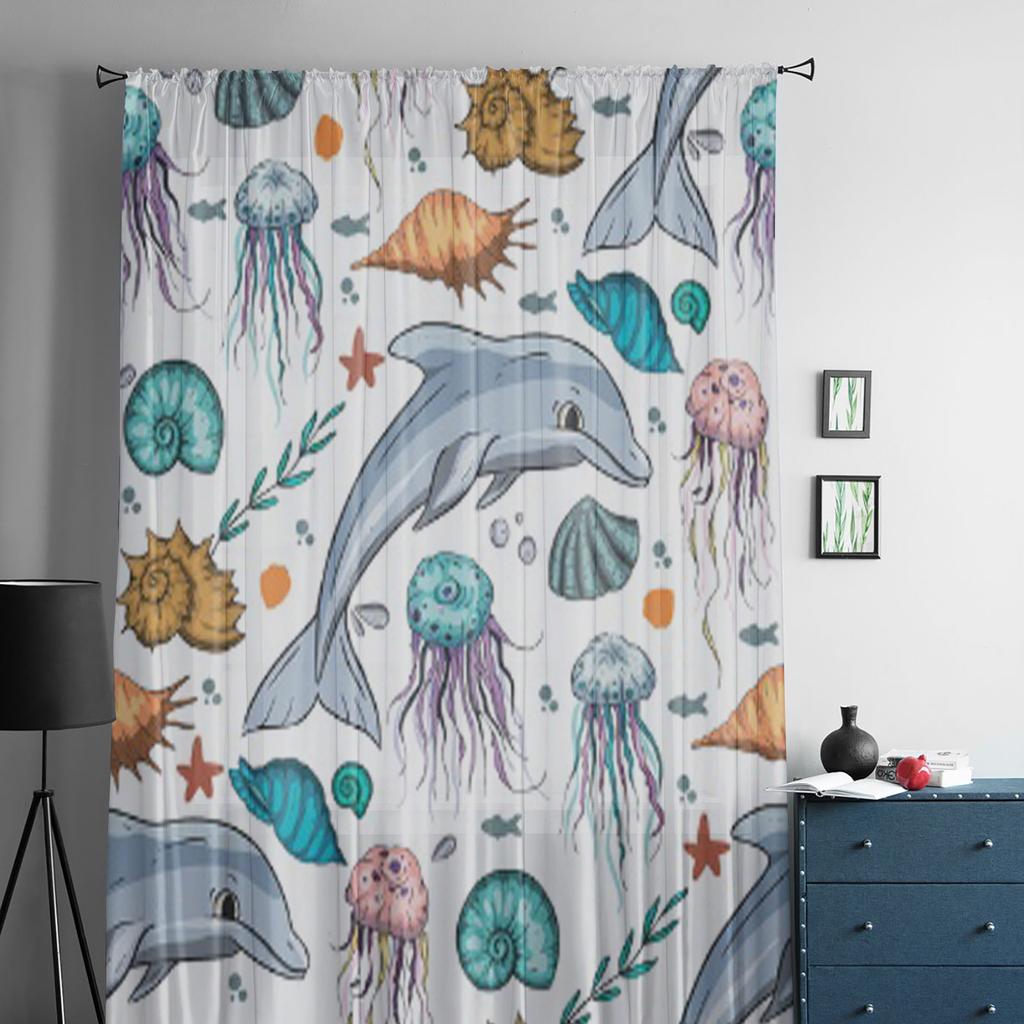 Ocean Animals Dolphin Jellyfish Tulle Curtains For Living Room Kitchen Window Drapes Home Decor Sheer Curtain For Kids Bedroom