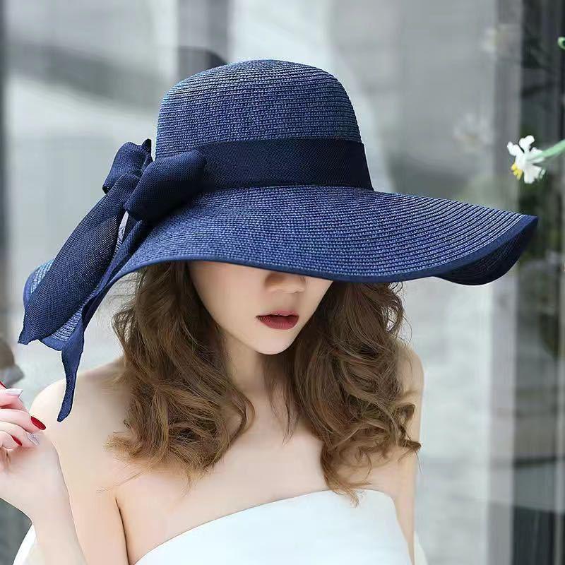 Women's Large Brim UV Protection Foldable Straw Hat with Bow for Spring/Summer