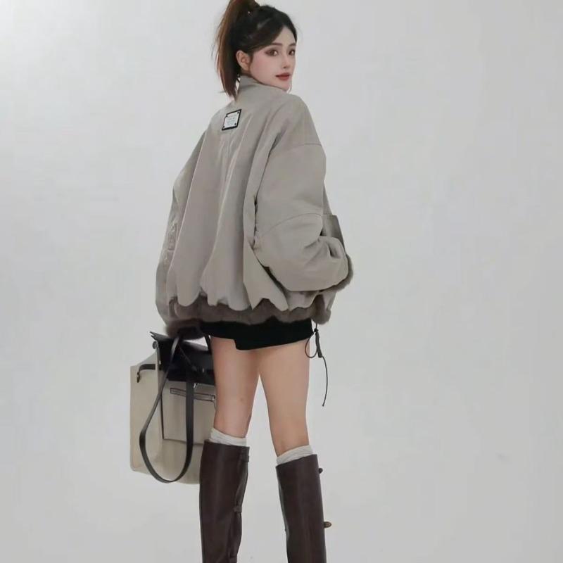 Women Stand Collar Short Workwear Faux Fur Lined Parka Jacket
