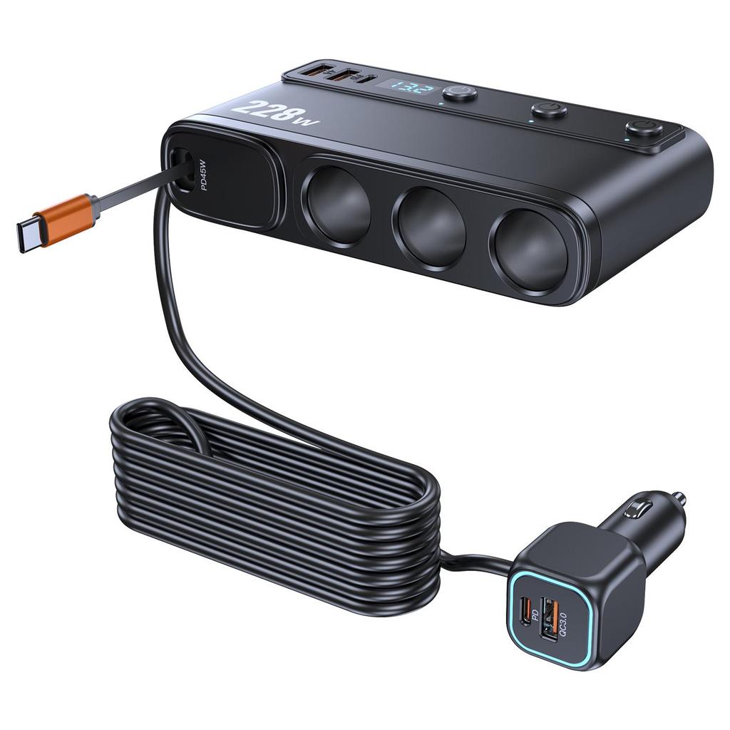 Divisor de Tomada de Isqueiro de 3 Tomadas para Carro, Adaptador Carregador de Carro 9 em 1 com 2x PD3.0 + Carga Rápida QC, 228W 12V/20V, Interruptores Independentes DC para Todos os Carros