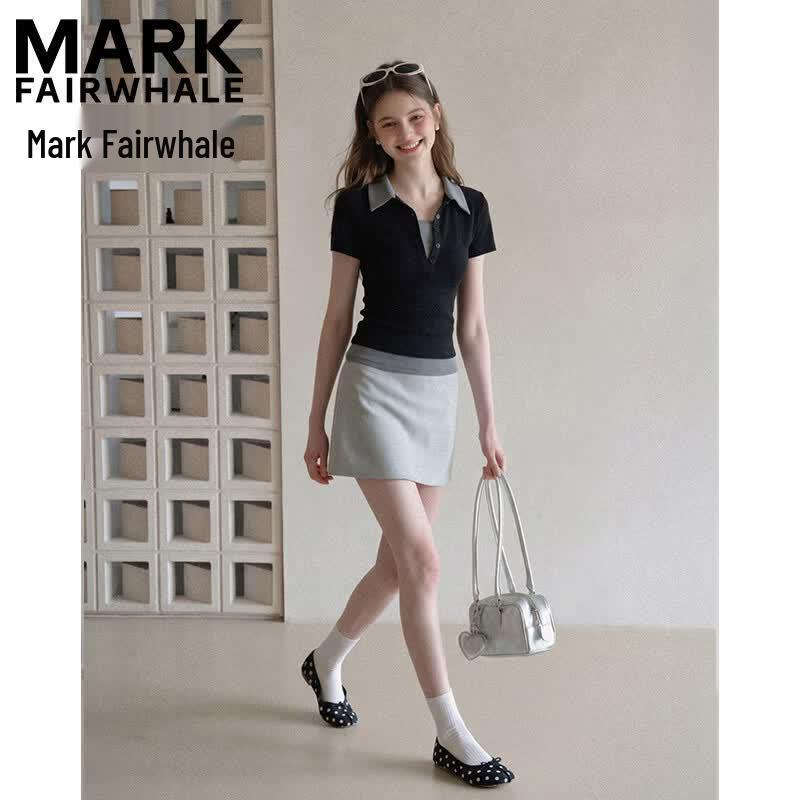MARK FAIRWHALE Women's Slim Fit Faux Two-piece Short Sleeve Polo T-shirt