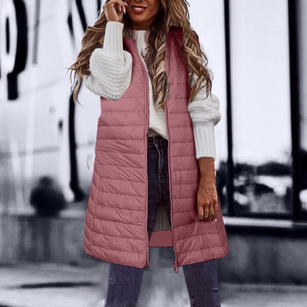 Vestă Lungă de Damă la Modă Vestă de Puf cu Glugă Fără Mâneci Casual pentru Femei
