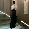 New French High-end Birthday Party Dress Black and White Contrasting Color Splicing One-word Shoulder Pure Desire Dress