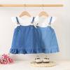 Summer Girls Denim Spliced Fake Two Piece Dress With Flutter Sleeves Casual Princess Cotton Blend Party Wear