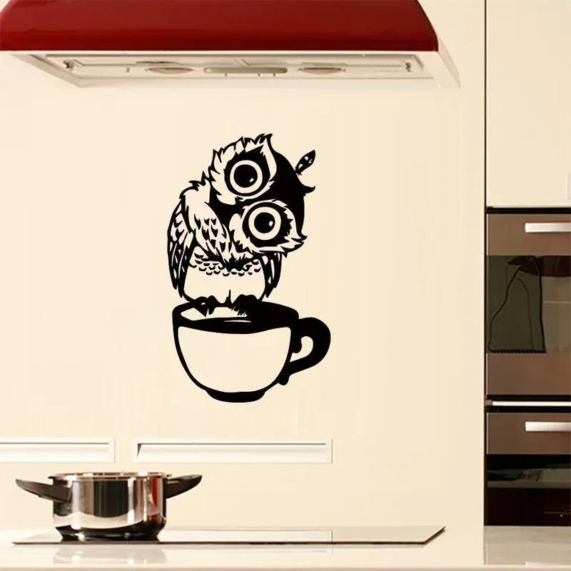Cute Cartoon Owl On Mug Wall Stickers Coffee Decorative Decal For Kitchen Dining Room Vinyl Stickers For Coffee Bar Home Decor