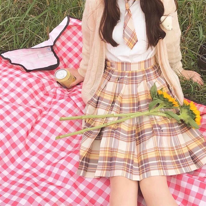 Yamabuki JK Academy Style Female Student Uniform: White Shirt & Pleated Plaid Midi Skirt Set