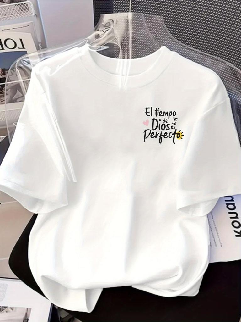 God's Time Is Perfect, Philosophy of Time Print Tshirt Short Sleeve Crew Neck Casual Top for Summer Spring, Women's Clothing