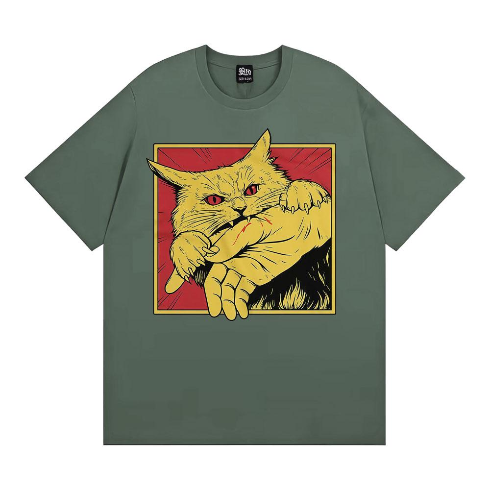 Angry Cat Biting Hand Funny Meme Tee Shirt Unisex Fashion Vintage Oversized T Shirt Men Summer Tops High Quality Cotton Tshirts
