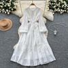 French Court Style Bubble Sleeve Dress Women's Autumn Hollow Crochet Drawstring Waist Temperament Beautiful and Chic Long Dress