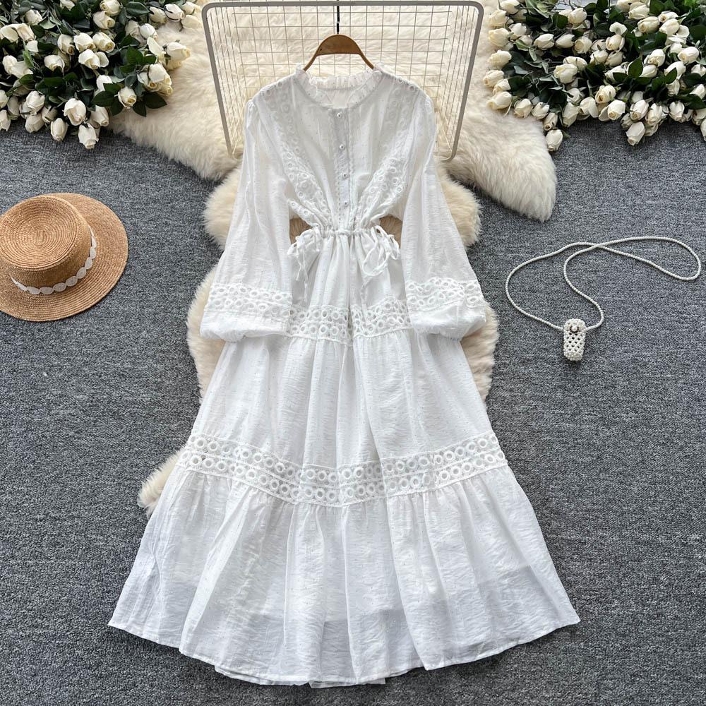 French Court Style Bubble Sleeve Dress Women's Autumn Hollow Crochet Drawstring Waist Temperament Beautiful and Chic Long Dress