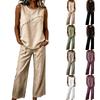 Women's Round Neck Sleeveless Tank Top and Wide Leg Pants Two Piece Outfit with Trim