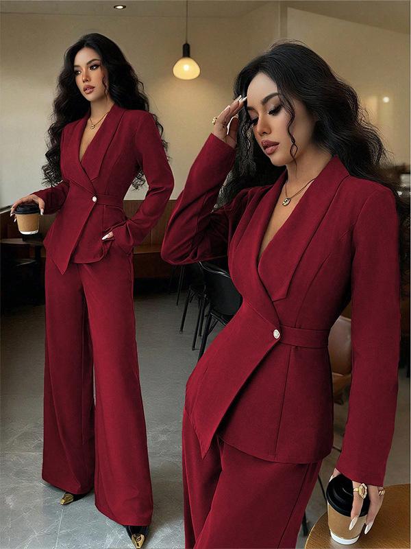 Women's Tailored V-Neck Blazer and Wide Leg Pants Suit Set
