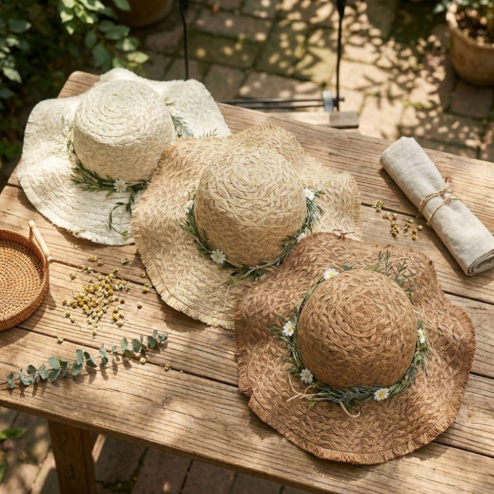 Hand-woven Raffia Straw Hat Sun Protection Wide-brimmed Fisherman's Hat Chrysanthemum Design Casual Beach Hat For Summer Outings