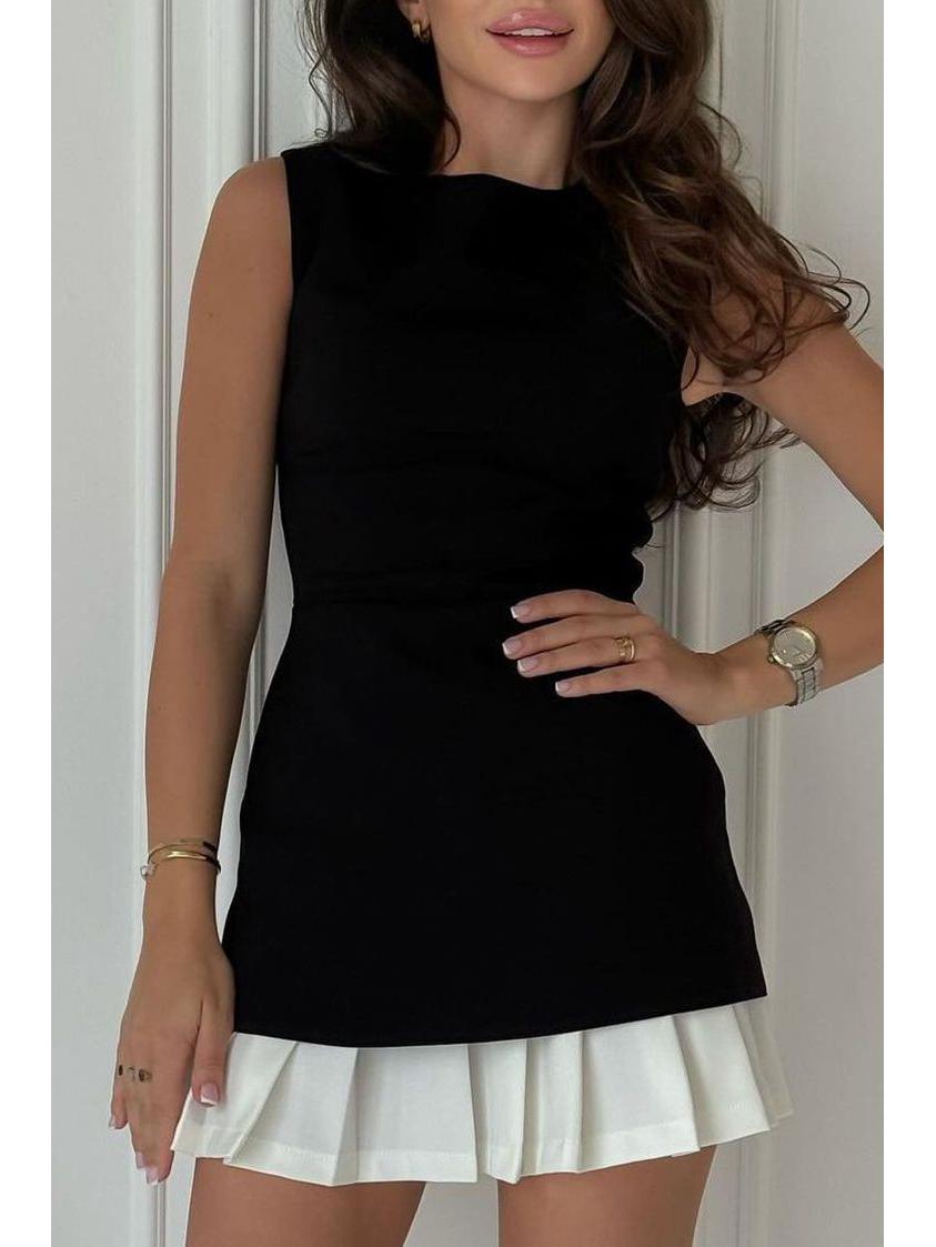 

Elegant Cross-Border Sleeveless Pleated Color Block Dress with Round Neck and Waist-Tucked Design L чёрный