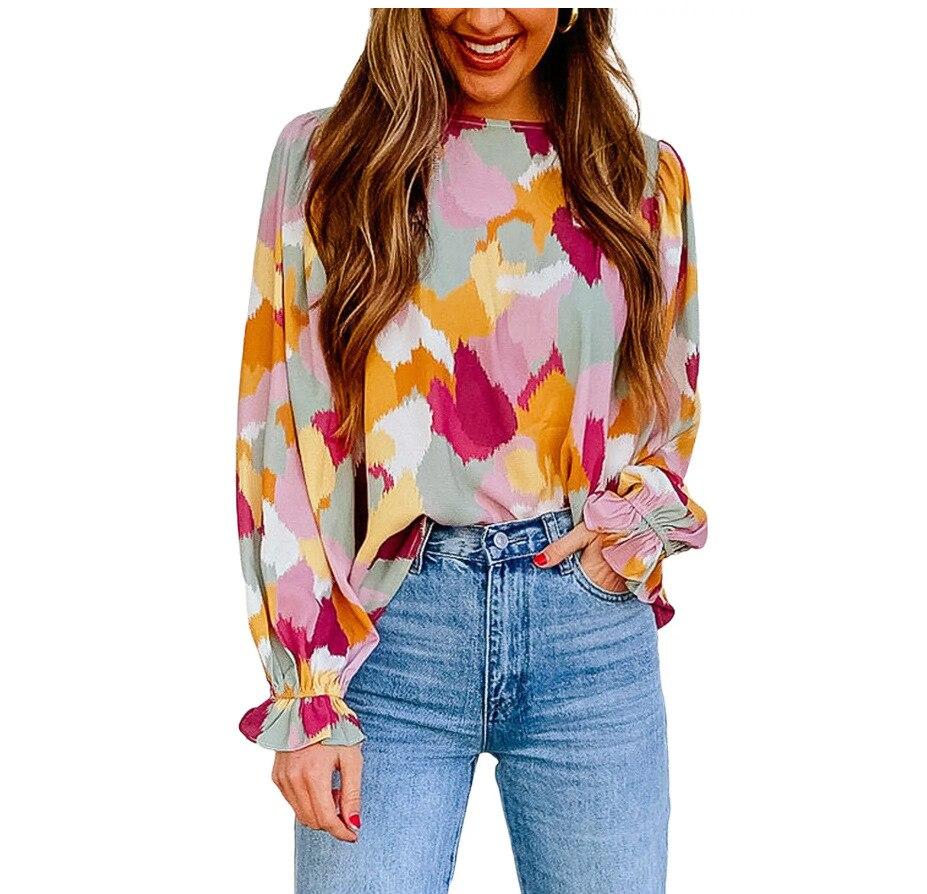 Casual Puff Long Sleeve Chiffon Blouse Spring Vintage Abstract Printed Shirt Fashion Loose Round Neck Tops Blusas De Mujer 25144
