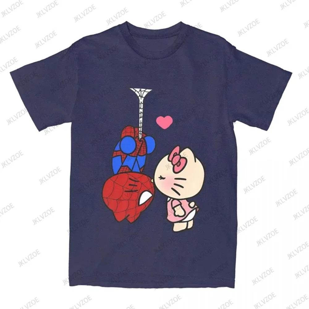 Sommar Tecknad Hello Kitty Spiderman Tryckt Bomulls T-shirt Dam Herr Kortärmad O-hals T-shirts Casual Mode Harajuku Y2K Toppar