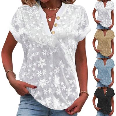 Women Short Sleeve V Neck Button Down Floral Embroidered Loose Fit Blouse Summer Lightweight Casual Top Shirt