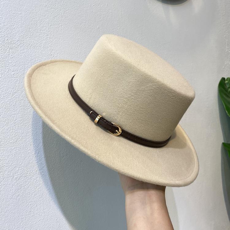Lolita Autumn and Winter British European and American Style Belt Flat Top Top Top Hat Men's and Women's Wide Brim Retro Woolen Black Jazz Hat