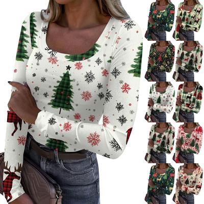 Women's Fashion Slim Bottom T-Shirt Christmas Printed U Neck Pullover Long Sleeve Top