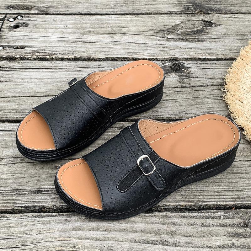 Large size thick-soled hollowed-out one-word slippers women's open-toed sewing line slope heel beach cool slippers wis