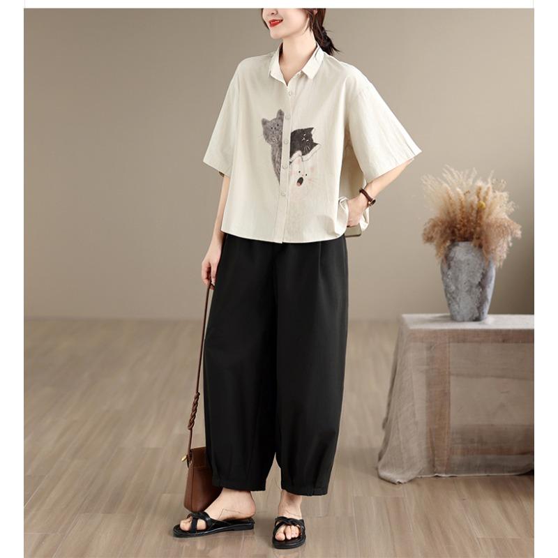 DIMANAF 2026 Women Plus Size New Summer Blouse Shirt Short Sleeve Cotton Print Casual Loose Lady Tops Shirts