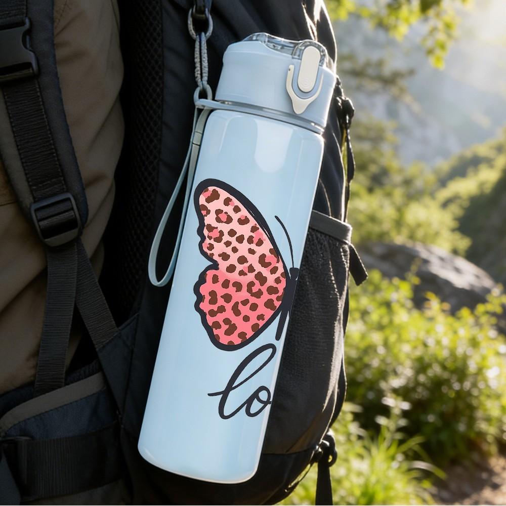 1PC Pink Butterfly Love 750ml Color Plastic Sports Water Bottle Leakproof Flip Straw Lid Suitable for Sports Office Home Use
