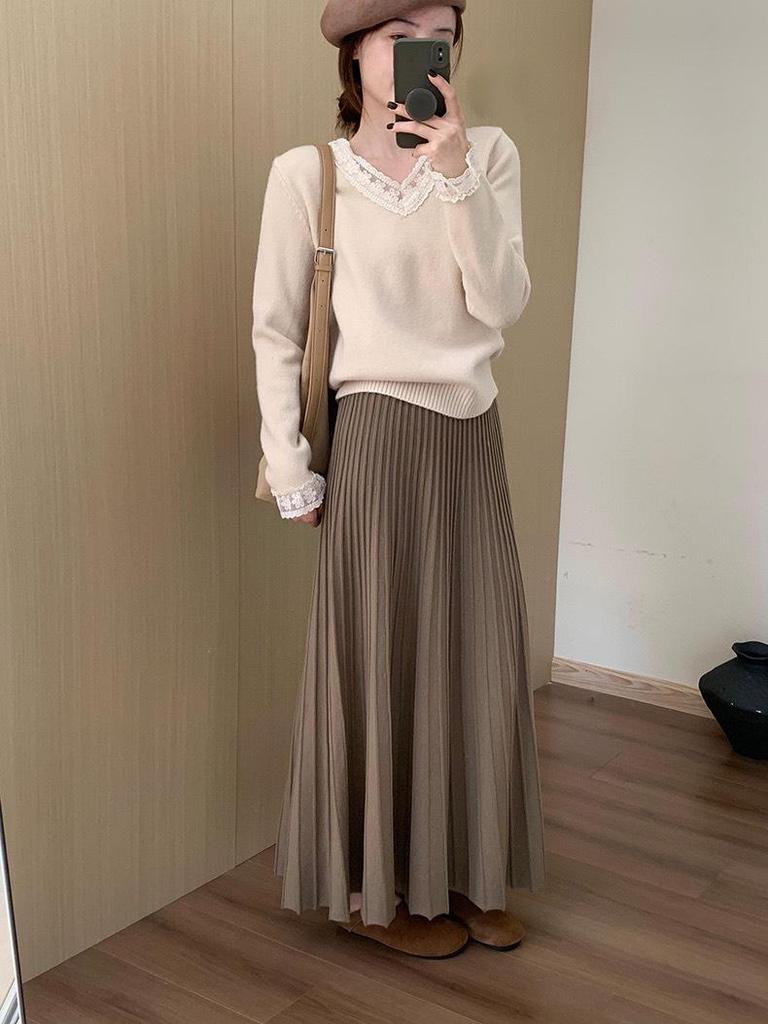 2025 Winter Women's High-Waisted Pleated Knit Midi Skirt - Korean Style, Versatile & Casual