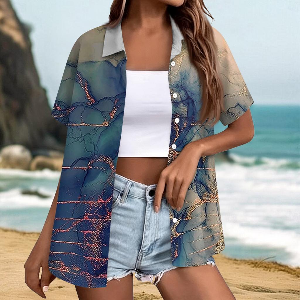 Women's Casual Summer Beach Shirt Short Sleeve Button Down Lightweight Textured Printed Blouse Relaxed Fit Vacation Top