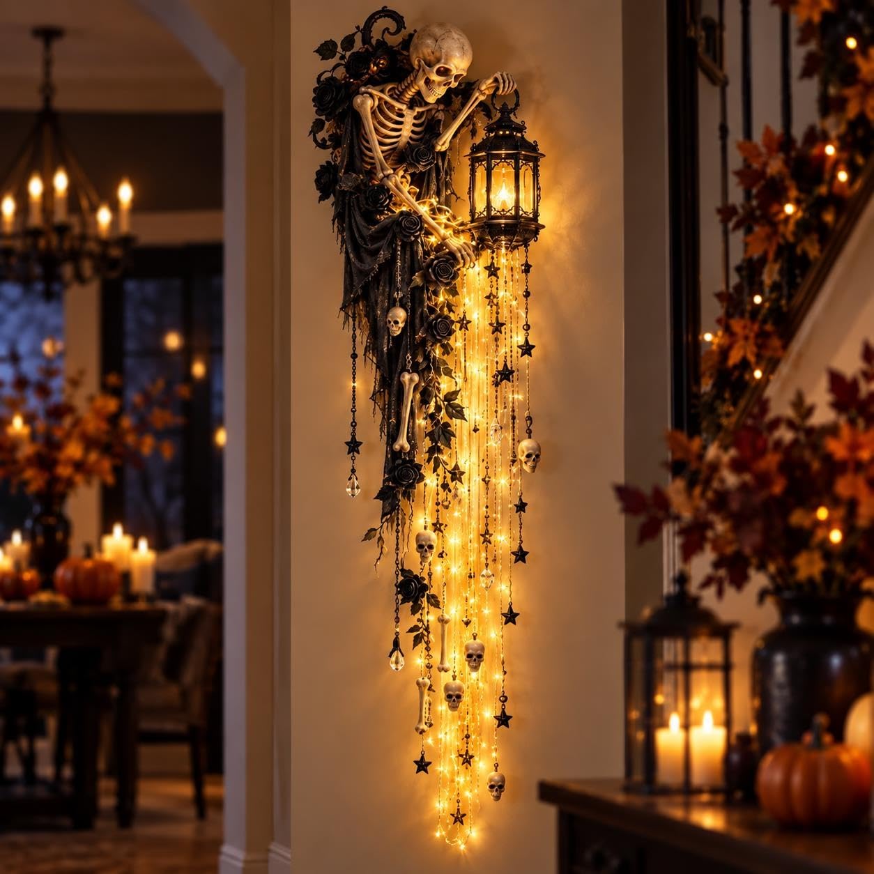 Elegante Halloween Waterval Wandlamp Collectie, Pompoen Slingerverlichting met Oranje Gordijn, LED Waterval Decoratie met Vleermuis