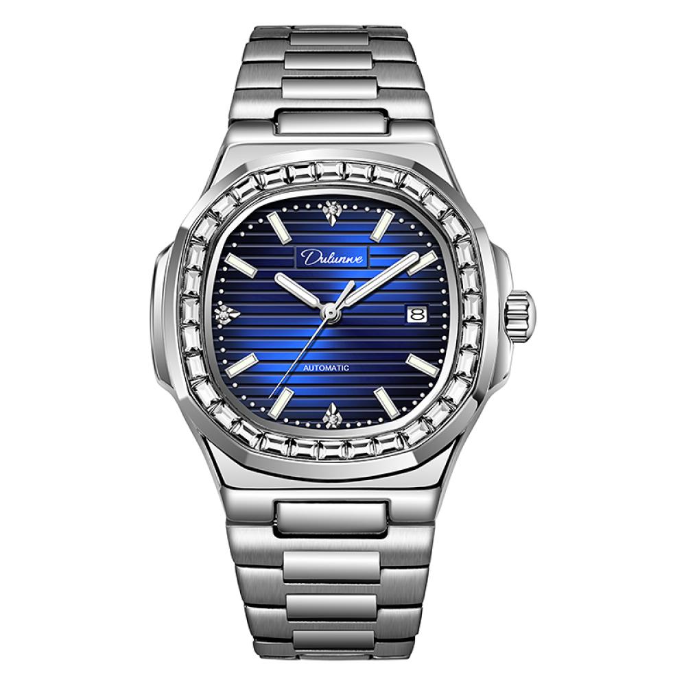 Dulunwe Zegarek na rękę ze stali nierdzewnej wodoodporny podświetlany wyświetlacz kalendarza zegarki biznesowe luksusowy zegarek męski automatyczny zegarek mechaniczny ze strasami