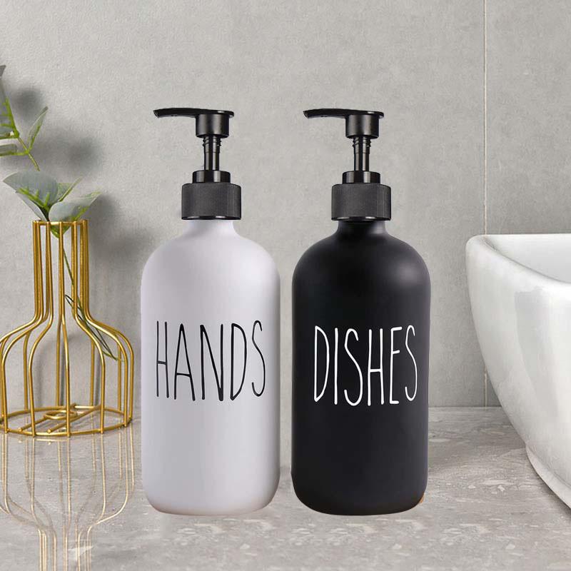Juego de dispensador de jabón para platos de 500 ml para fregadero de cocina, jabón de manos, platos, detergente, botella de almacenamiento, botellas rellenables, color negro y blanco