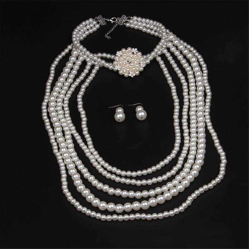 Elegant Faux Pearls Collar Bib Necklace Earrings Fashionable Beaded Jewelry Set Multilayered Strand Accessory for Women