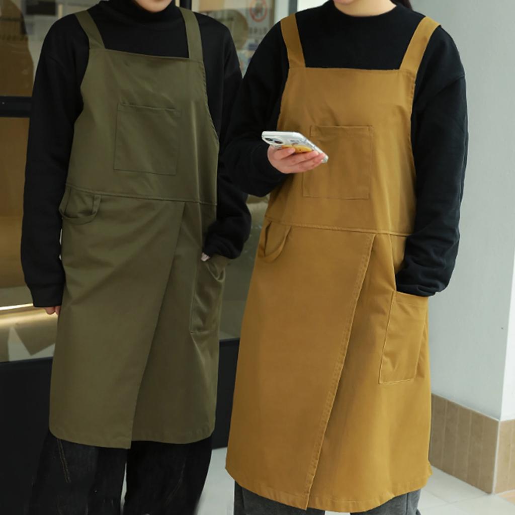 Tablier de travail de serveur résistant à l'huile avec poche pour café, salon, boutique d'ongles, anti-salissure, dos croisé, tablier de cuisine pour femmes pour la cuisine, la pâtisserie