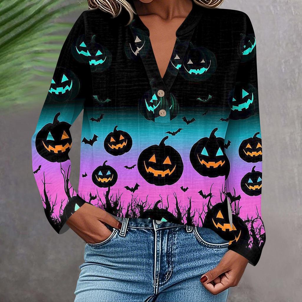 Dame Moteabel Og Casual Skjorte Langermet V-hals Knapp Trykt Bluse Topp